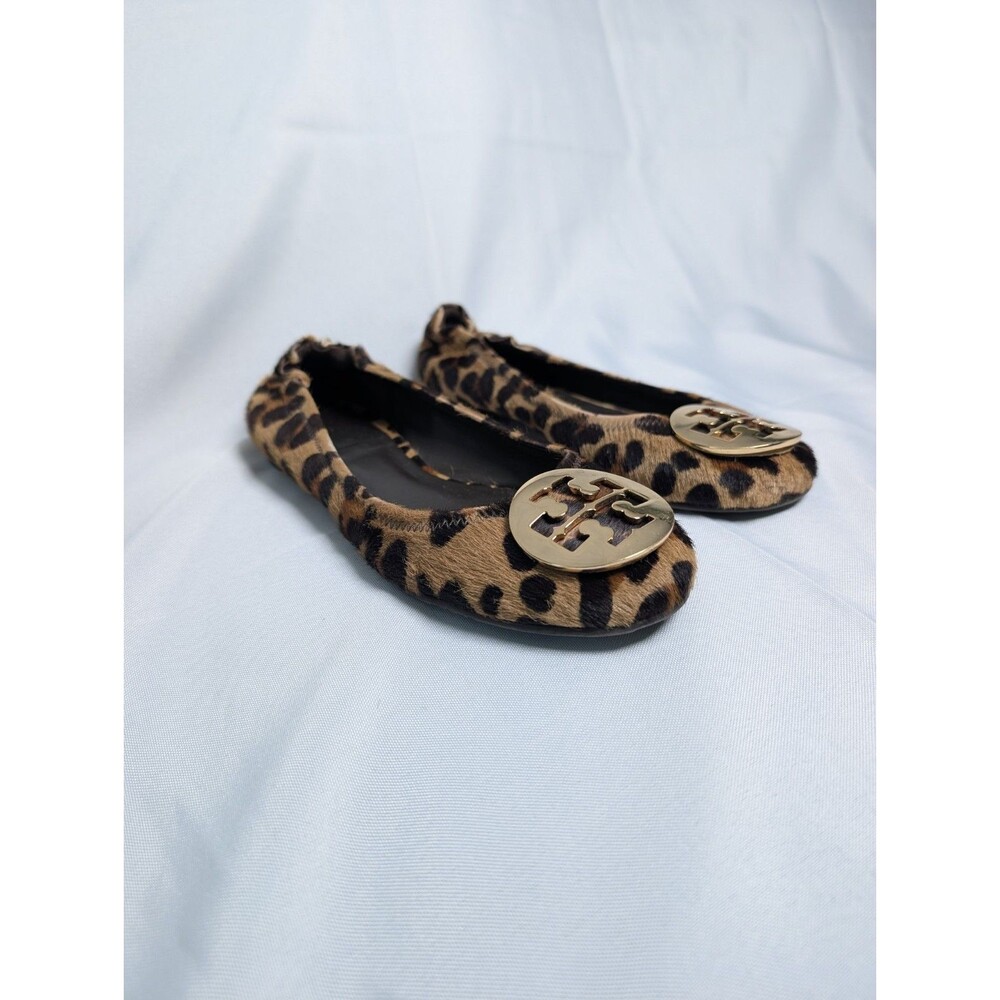 Tory Burch Reva Ballet Flats Leopard Calf Pony Hair Gold Logo Women's 7